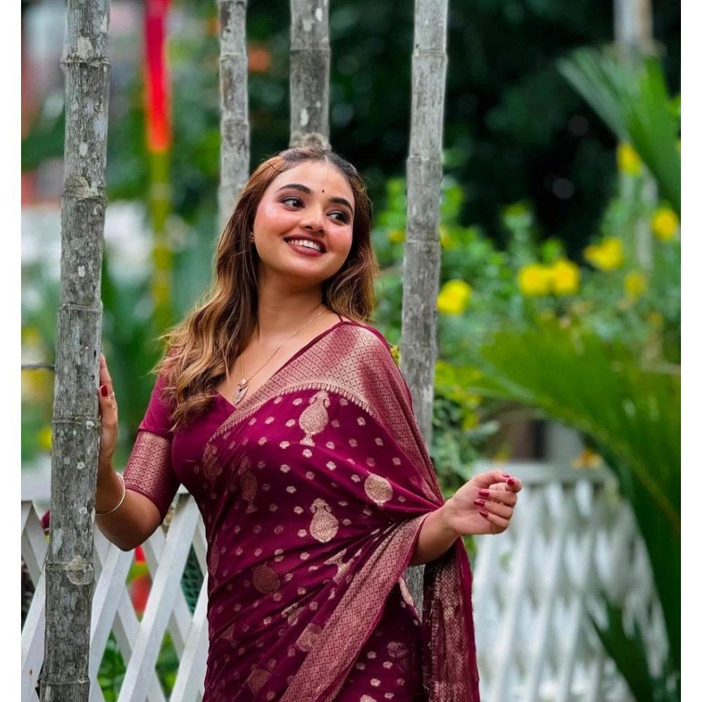 Generic Women's Silk Printed Saree With Unstitched Blouse 5.5Mtr (Wine) - MYLUXURY LANE ENTERPRISE
