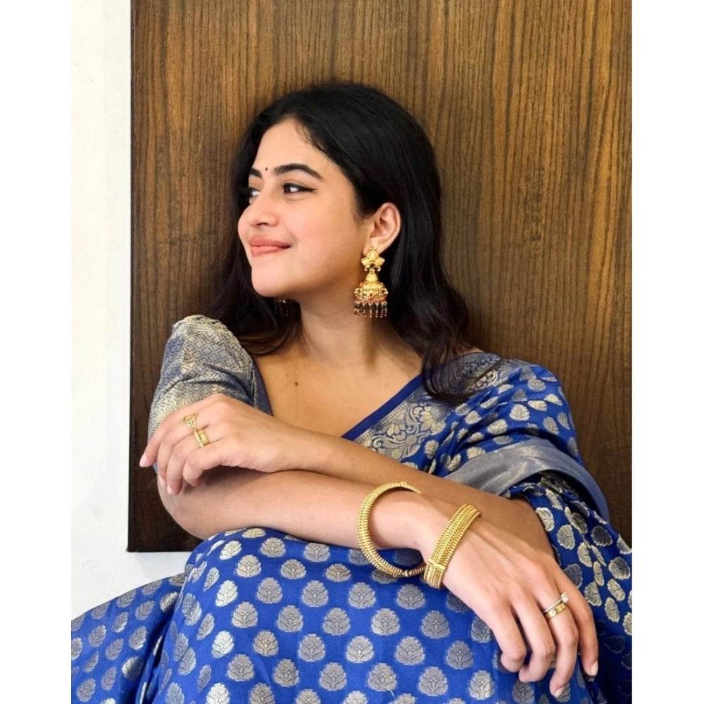 Generic Women's Silk Printed Saree With Unstitched Blouse 5.5Mtr (Royal Blue) - MYLUXURY LANE ENTERPRISE