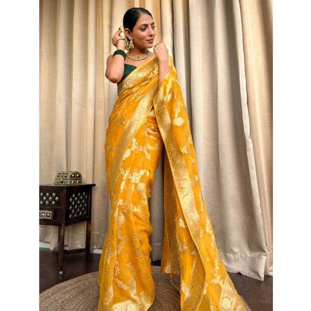 Generic Women's Silk Printed Saree With Unstitched Blouse 5.5Mtr (Gold Yellow) - MYLUXURY LANE ENTERPRISE