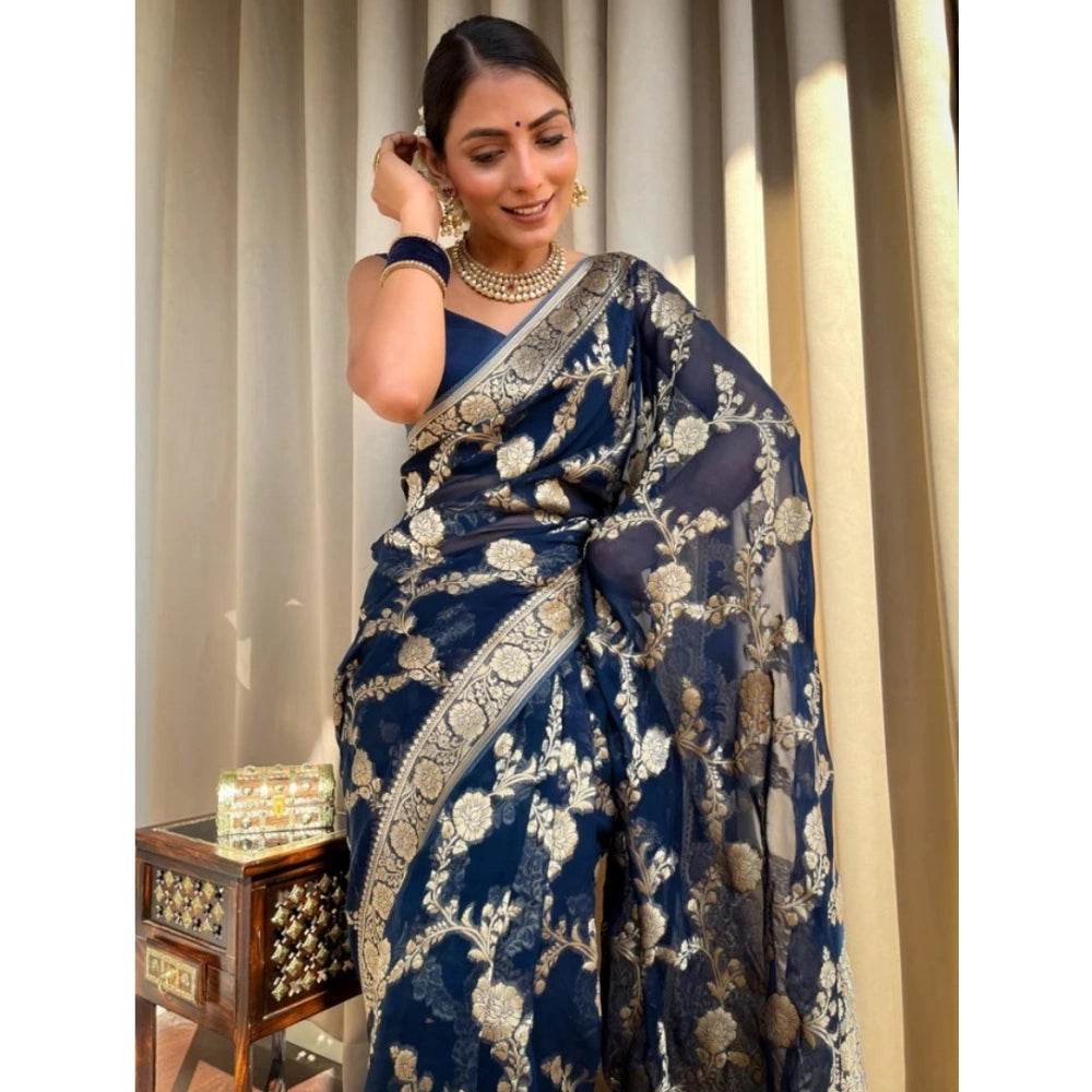 Generic Women's Silk Printed Saree With Unstitched Blouse 5.5Mtr (Dark Blue) - MYLUXURY LANE ENTERPRISE