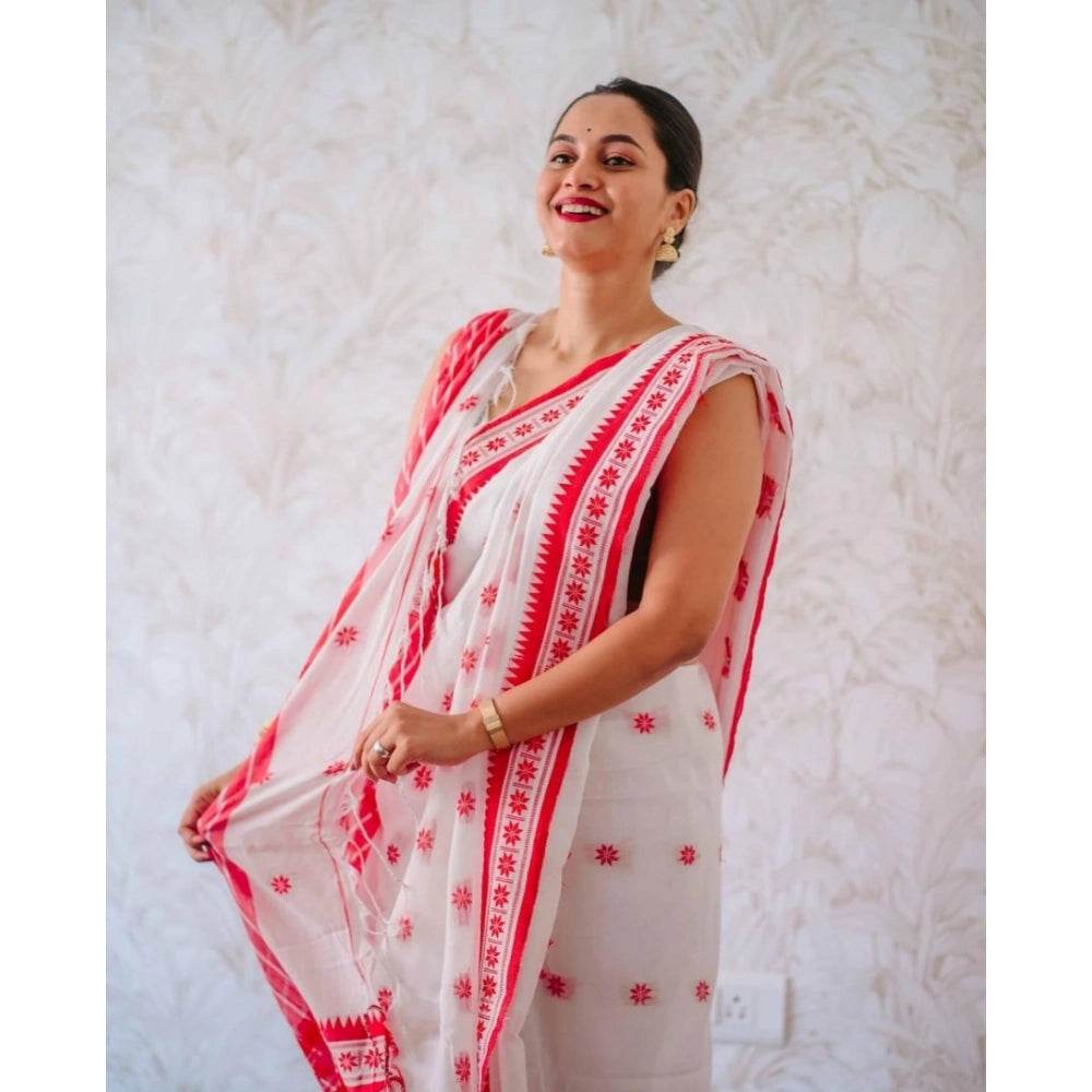 Generic Women's Cotton Printed Saree With Unstitched Blouse 5.5Mtr (White-Pink) - MYLUXURY LANE ENTERPRISE