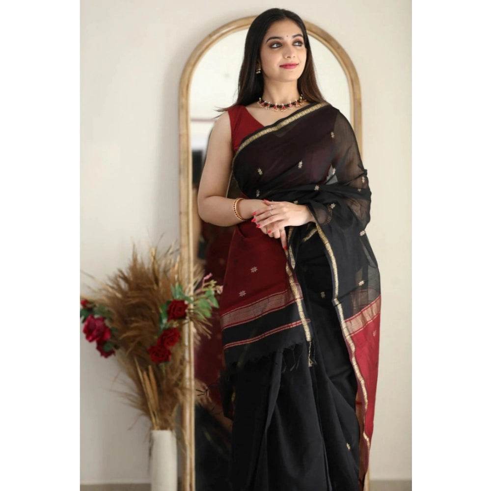 Generic Women's Cotton Printed Saree With Unstitched Blouse 5.5Mtr (Black) - MYLUXURY LANE ENTERPRISE