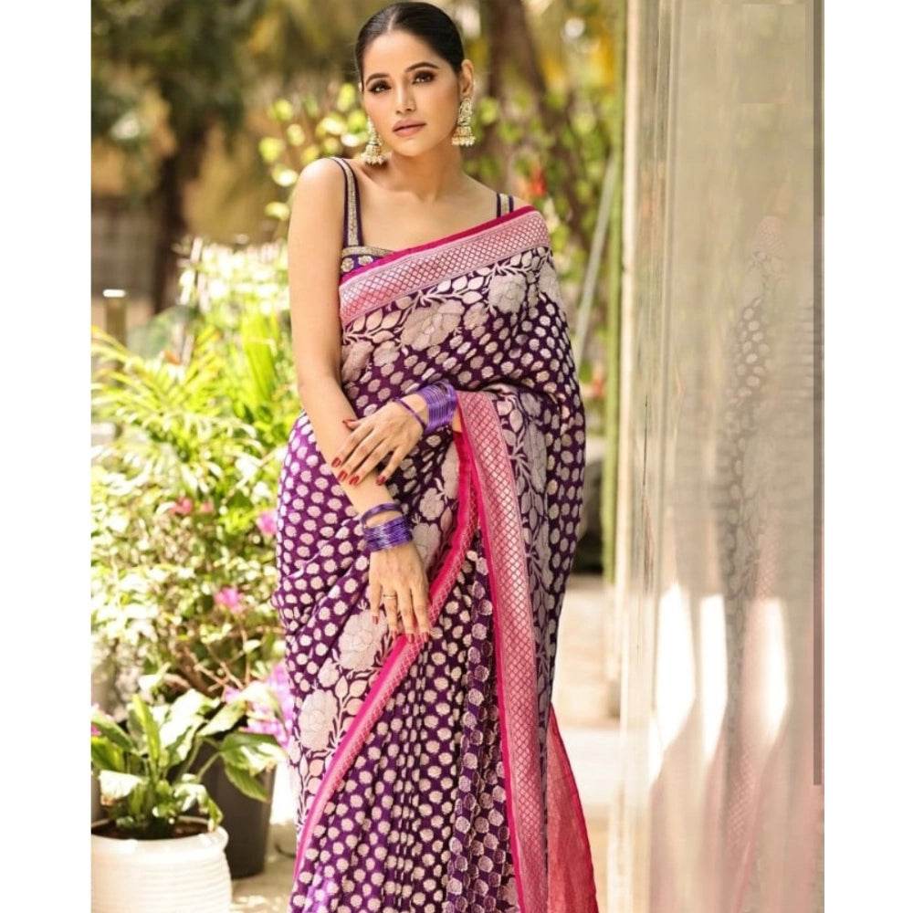 Generic Women's Silk Printed Saree With Unstitched Blouse 5.5Mtr (Purple) - MYLUXURY LANE ENTERPRISE