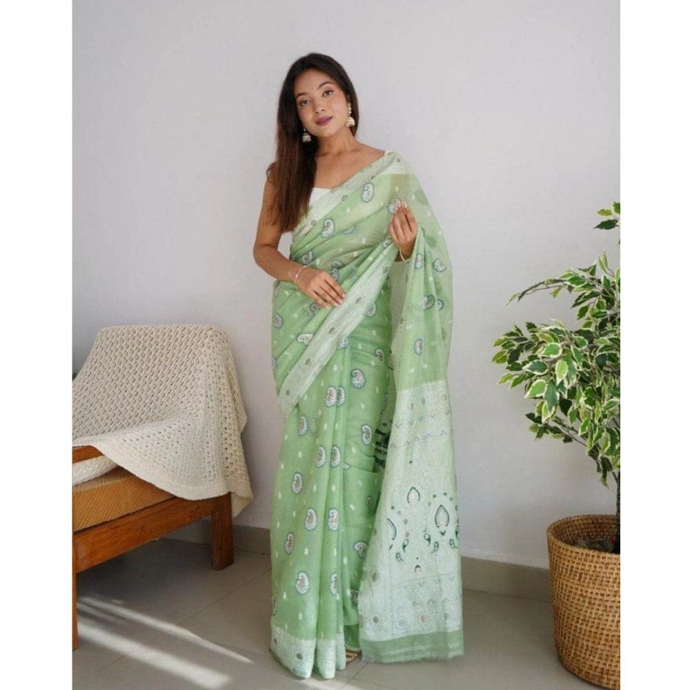 Generic Women's Cotton Printed Saree With Unstitched Blouse 5.5Mtr (Pista) - MYLUXURY LANE ENTERPRISE