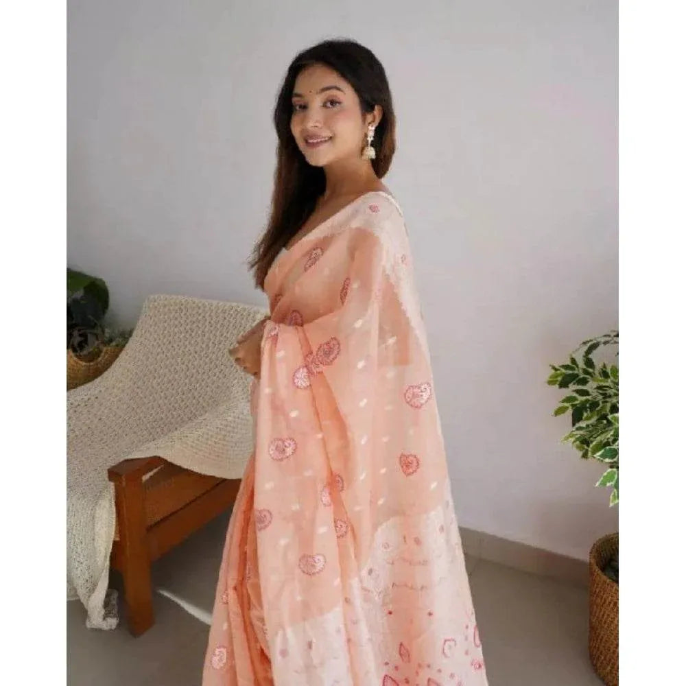 Generic Women's Cotton Printed Saree With Unstitched Blouse 5.5Mtr (Peach) - MYLUXURY LANE ENTERPRISE