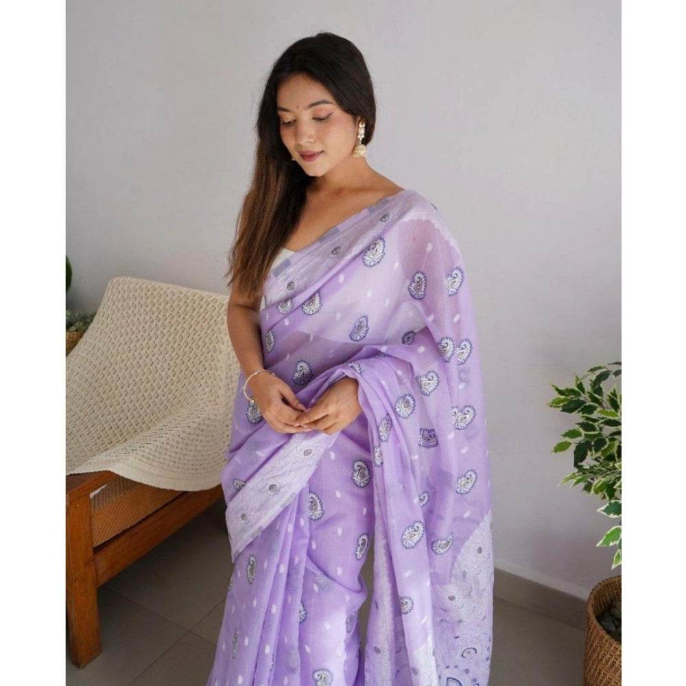 Generic Women's Cotton Printed Saree With Unstitched Blouse 5.5Mtr (Lavender) - MYLUXURY LANE ENTERPRISE