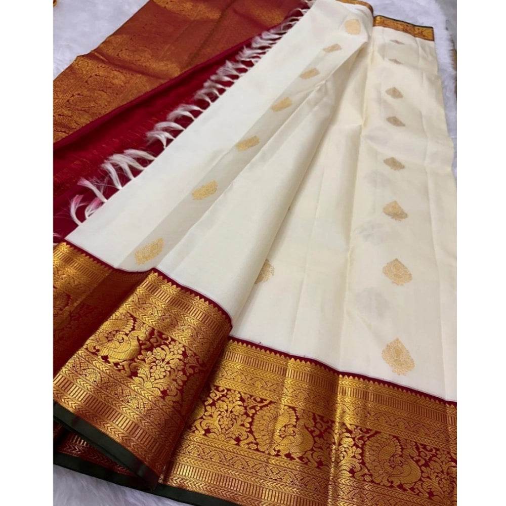 Generic Women's Silk Printed Saree With Unstitched Blouse 5.5Mtr (Off White-Red) - MYLUXURY LANE ENTERPRISE