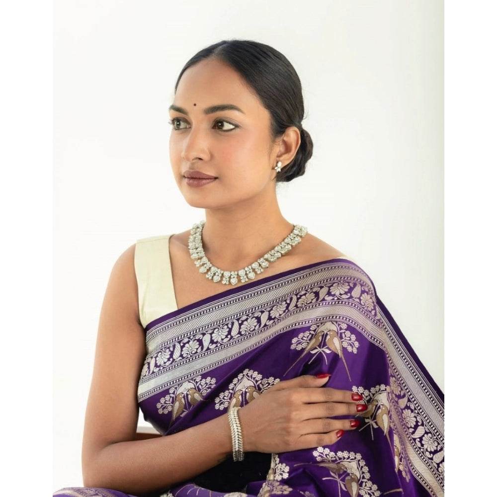 Generic Women's Silk Printed Saree With Unstitched Blouse 5.5Mtr (Purple) - MYLUXURY LANE ENTERPRISE