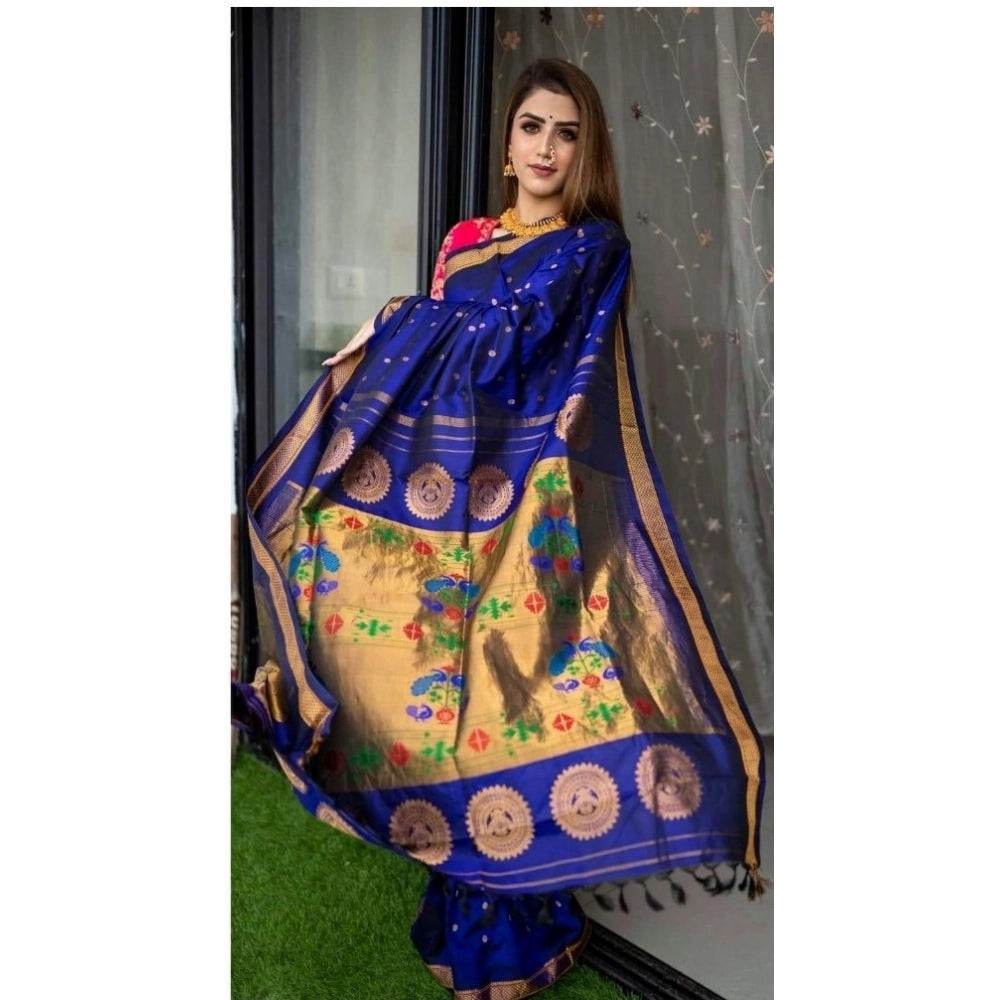 Generic Women's Silk Printed Saree With Unstitched Blouse 5.5Mtr (Blue) - MYLUXURY LANE ENTERPRISE