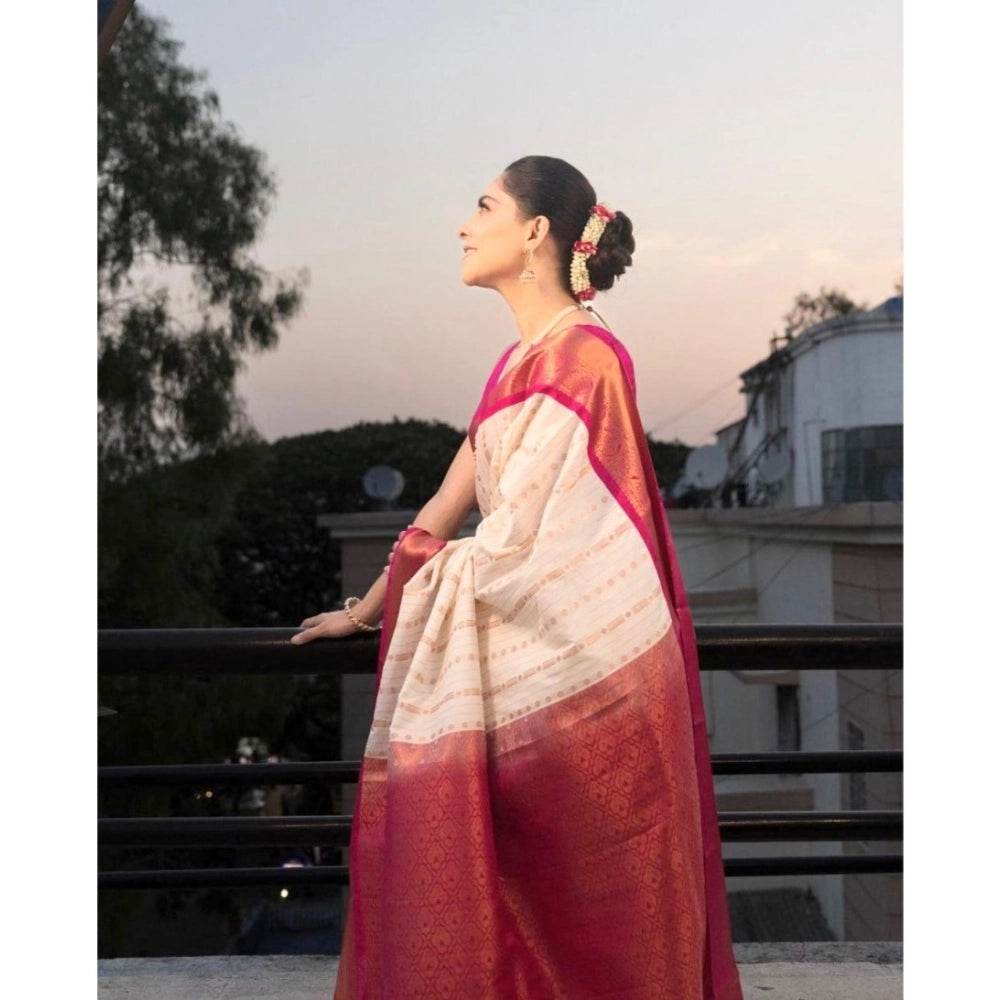 Generic Women's Silk Printed Saree With Unstitched Blouse 5.5Mtr (White-Pink) - MYLUXURY LANE ENTERPRISE