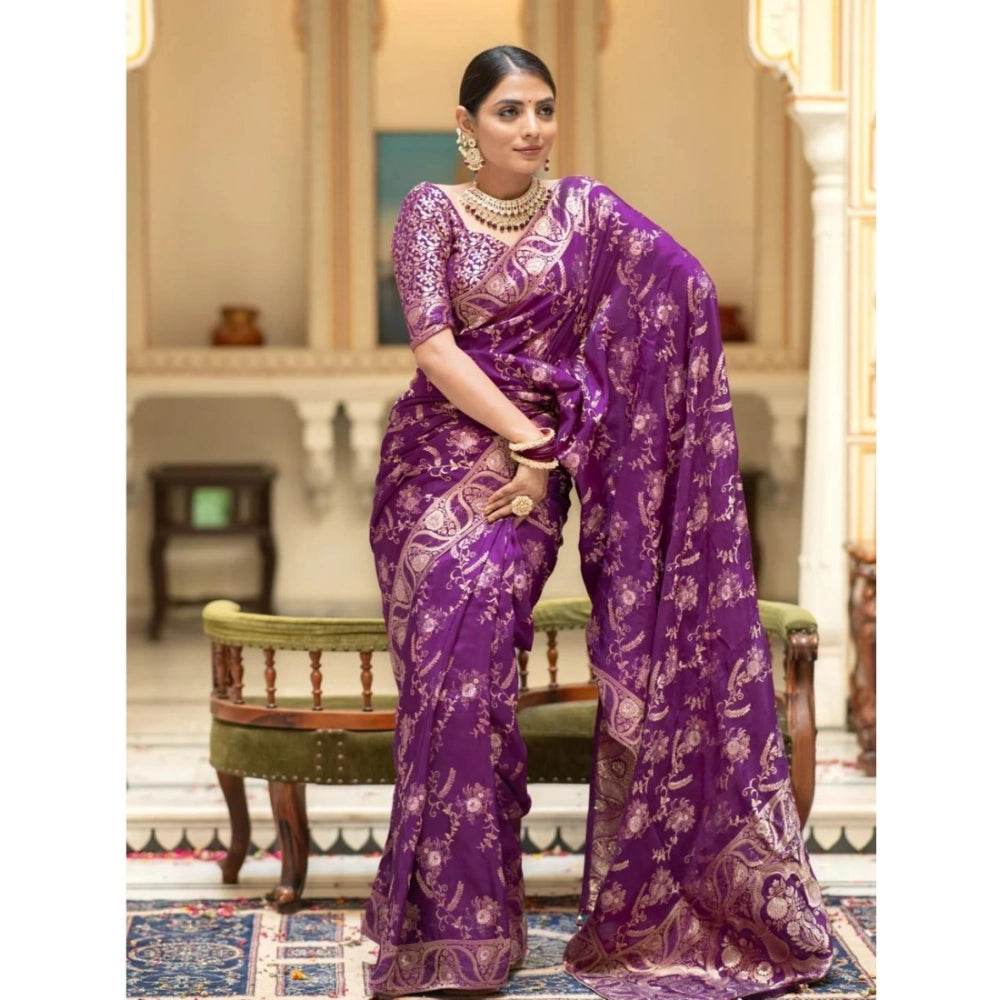 Generic Women's Silk Printed Saree With Unstitched Blouse 5.5Mtr (Purple) - MYLUXURY LANE ENTERPRISE
