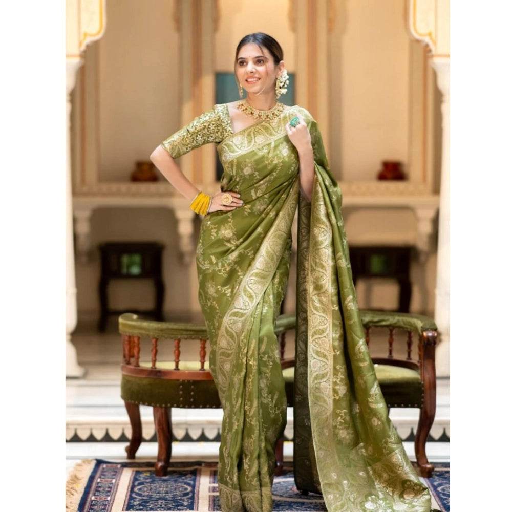 Generic Women's Silk Printed Saree With Unstitched Blouse 5.5Mtr (Olive Green) - MYLUXURY LANE ENTERPRISE