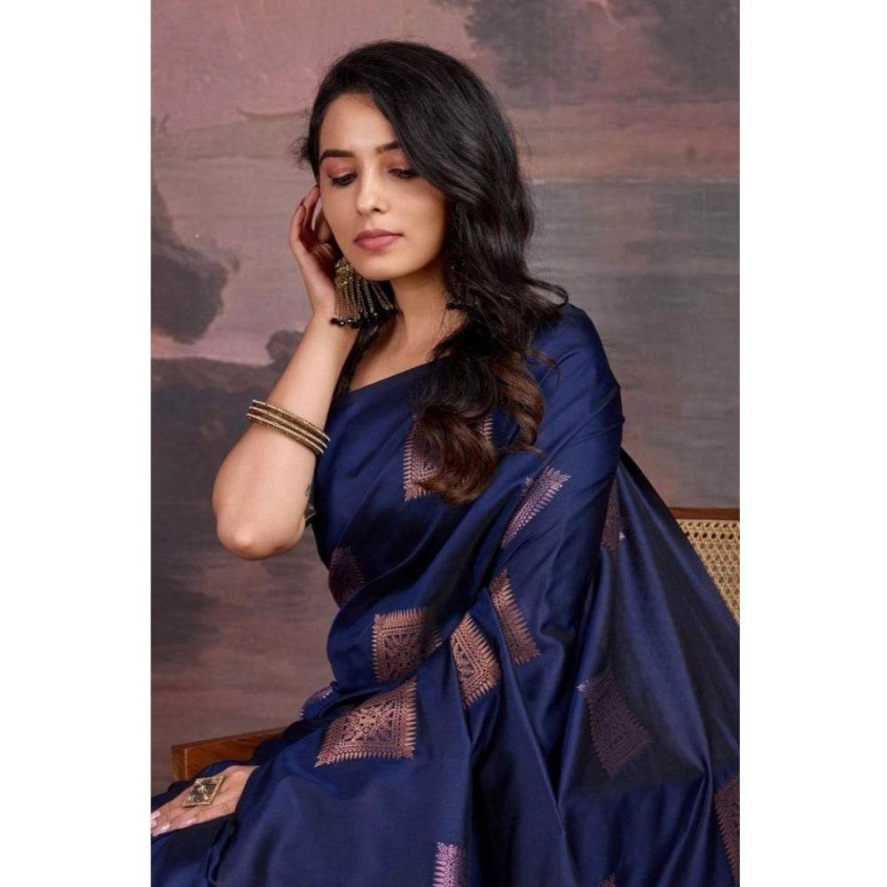 Generic Women's Silk Printed Saree With Unstitched Blouse 5.5Mtr (Navy Blue) - MYLUXURY LANE ENTERPRISE