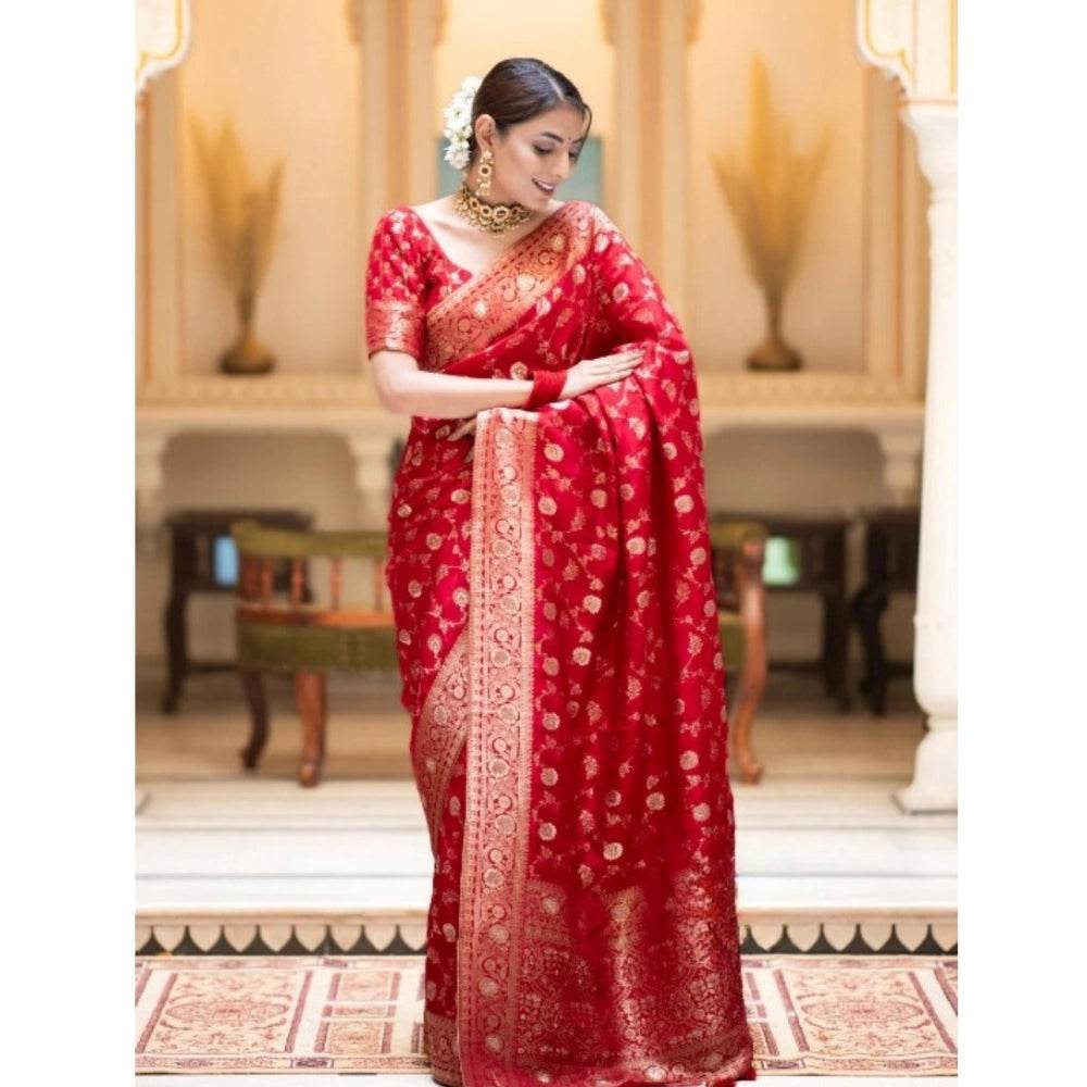 Generic Women's Silk Printed Saree With Unstitched Blouse 5.5Mtr (Red) - MYLUXURY LANE ENTERPRISE