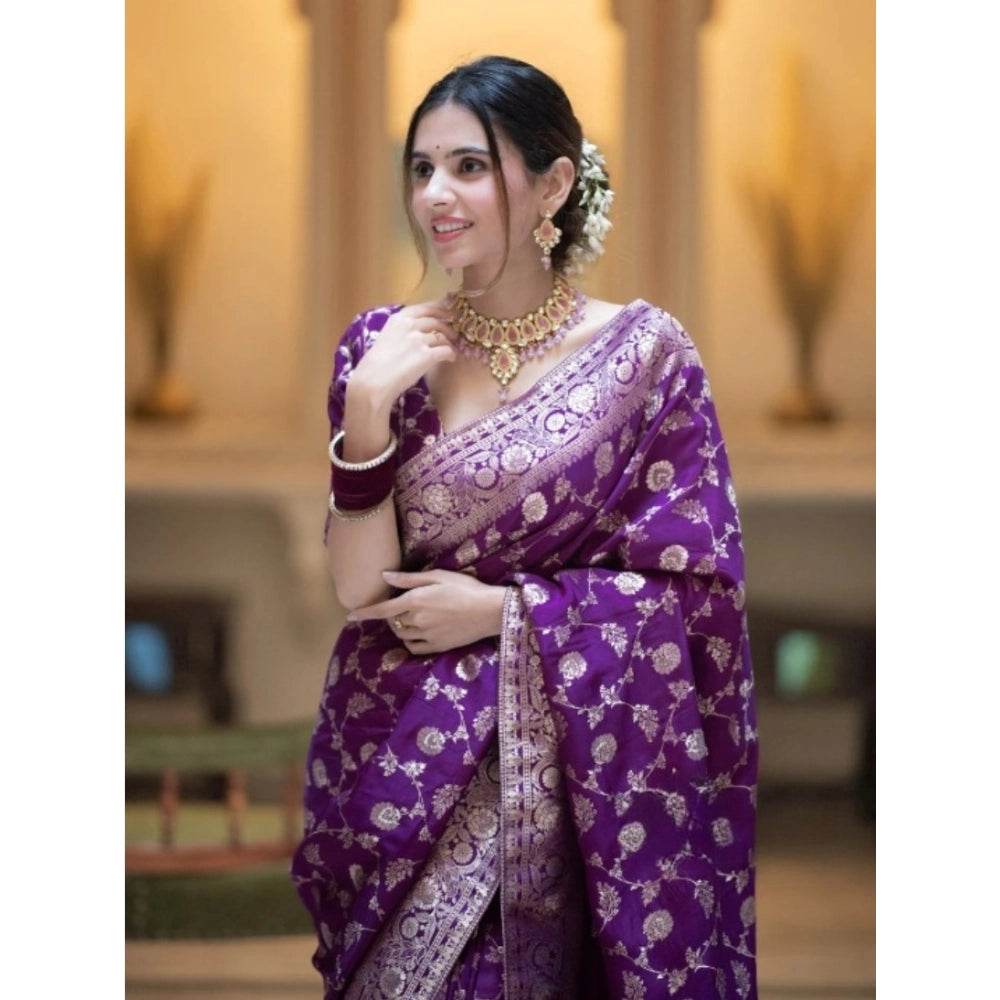 Generic Women's Silk Printed Saree With Unstitched Blouse 5.5Mtr (Purple) - MYLUXURY LANE ENTERPRISE
