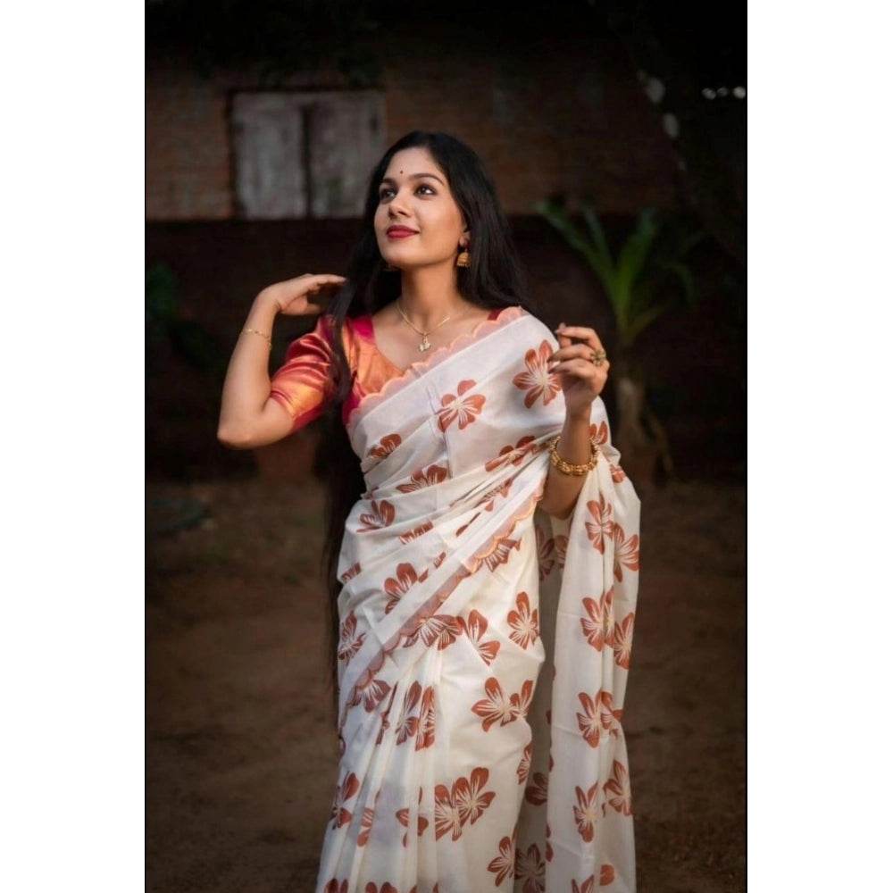 Generic Women's Silk Printed Saree With Unstitched Blouse 5.5Mtr (White-Orange) - MYLUXURY LANE ENTERPRISE