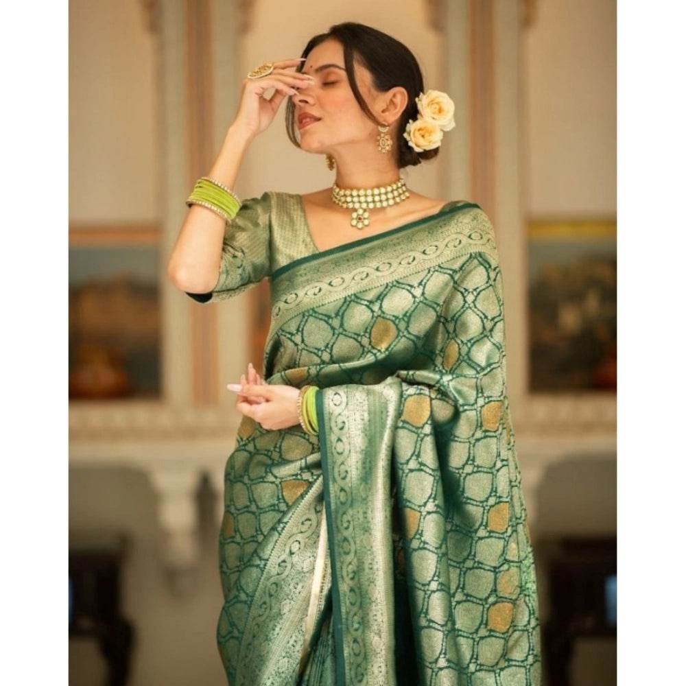 Generic Women's Silk Printed Saree With Unstitched Blouse 5.5Mtr (Green) - MYLUXURY LANE ENTERPRISE