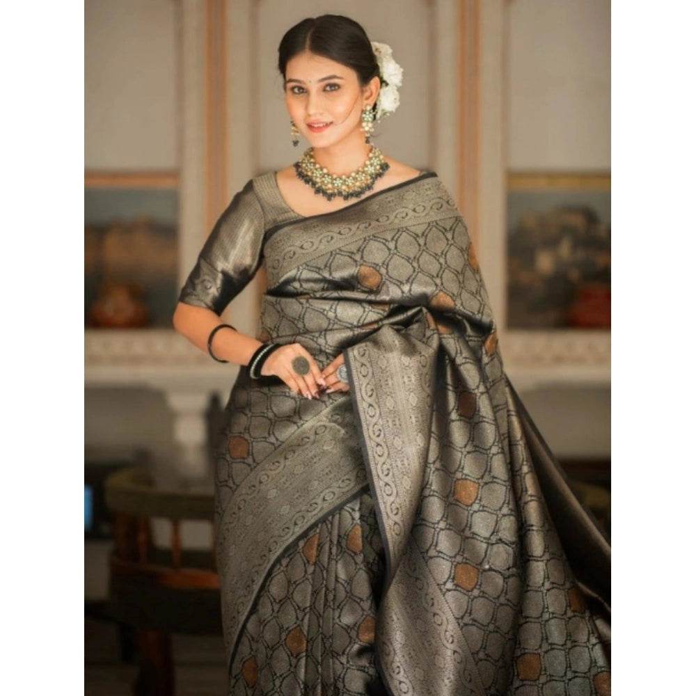 Generic Women's Silk Printed Saree With Unstitched Blouse 5.5Mtr (Black) - MYLUXURY LANE ENTERPRISE