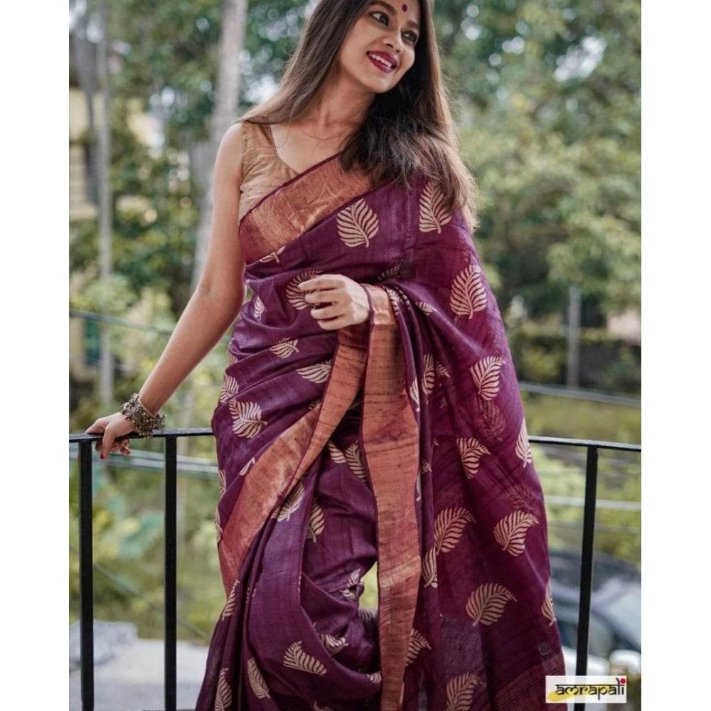Generic Women's Silk Printed Saree With Unstitched Blouse 5.5Mtr (Purple) - MYLUXURY LANE ENTERPRISE
