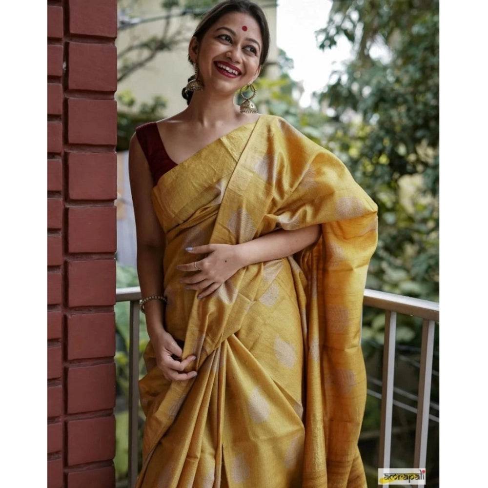 Generic Women's Silk Printed Saree With Unstitched Blouse 5.5Mtr (Yellow) - MYLUXURY LANE ENTERPRISE