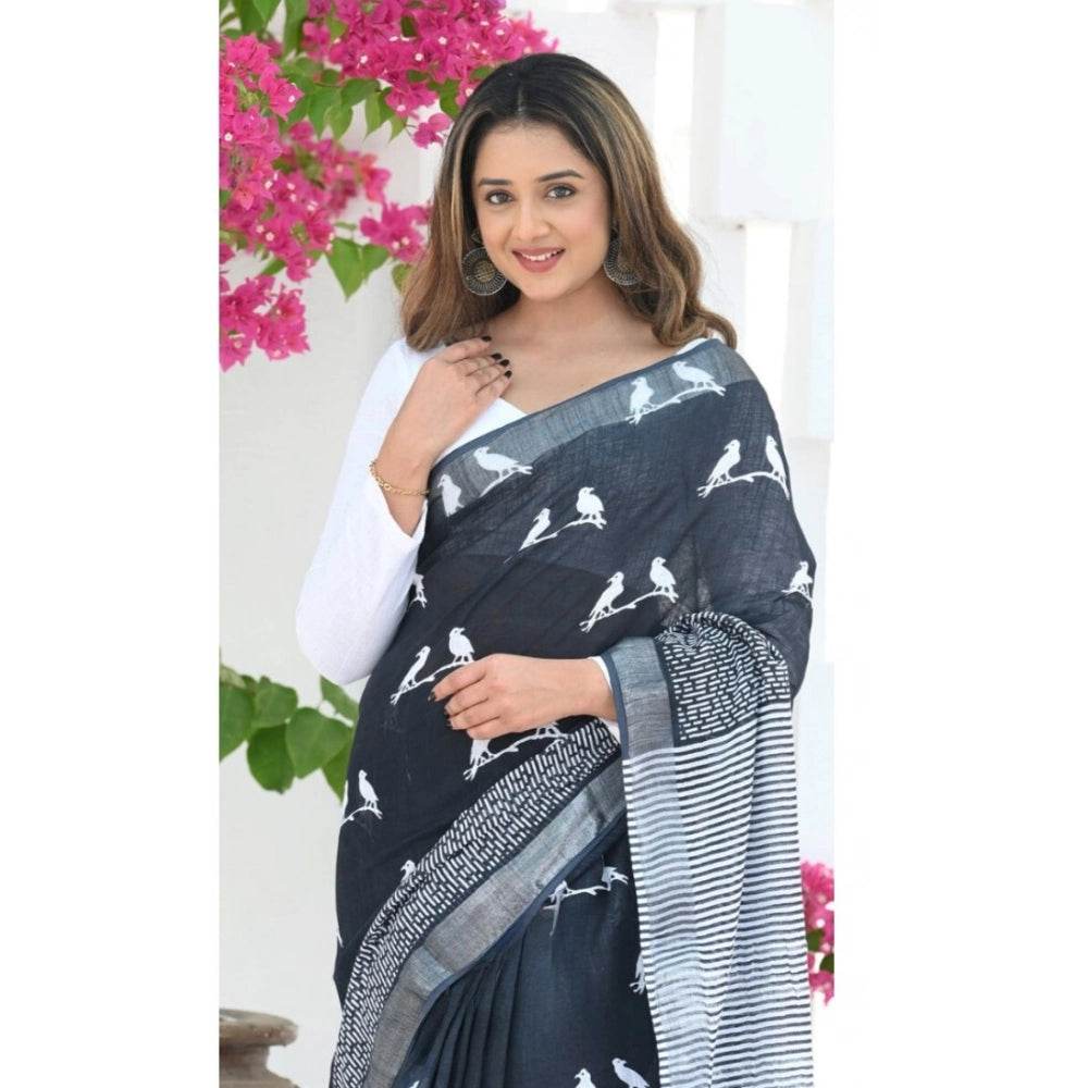 Generic Women's Silk Printed Saree With Unstitched Blouse 5.5Mtr (Black) - MYLUXURY LANE ENTERPRISE