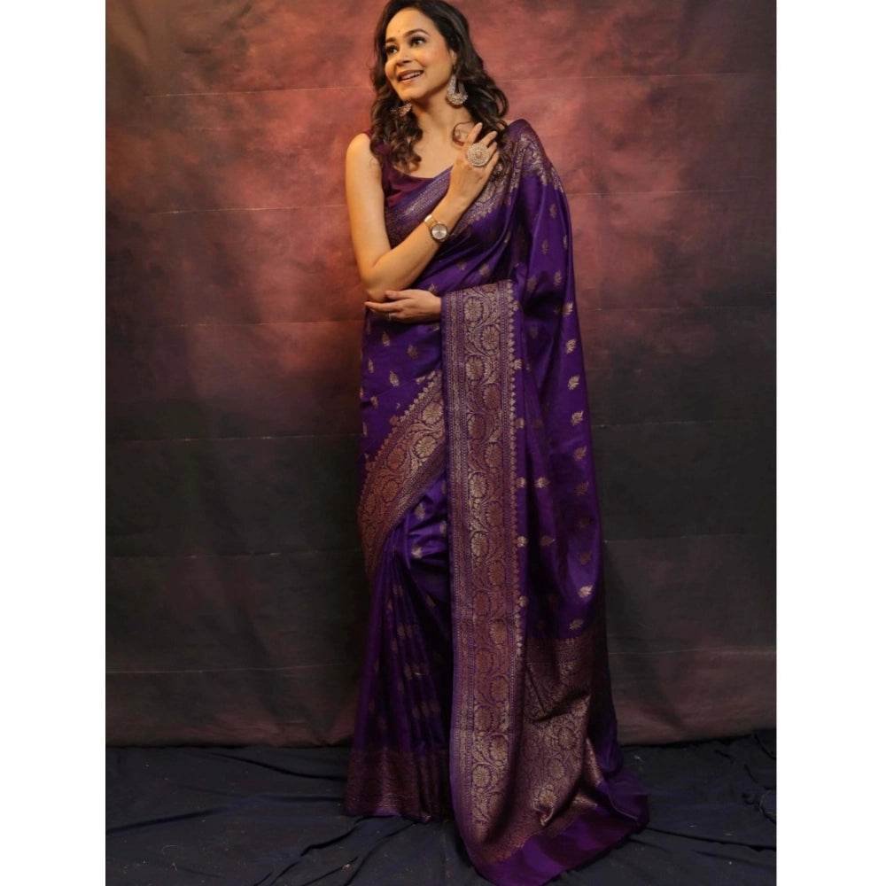 Generic Women's Silk Printed Saree With Unstitched Blouse 5.5Mtr (Purple) - MYLUXURY LANE ENTERPRISE