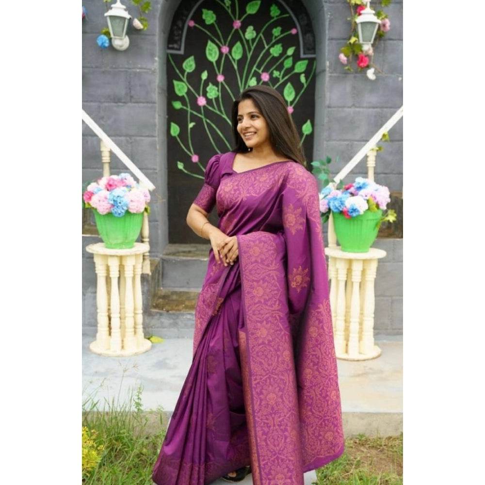 Generic Women's Silk Printed Saree With Unstitched Blouse 5.5Mtr (Purple) - MYLUXURY LANE ENTERPRISE
