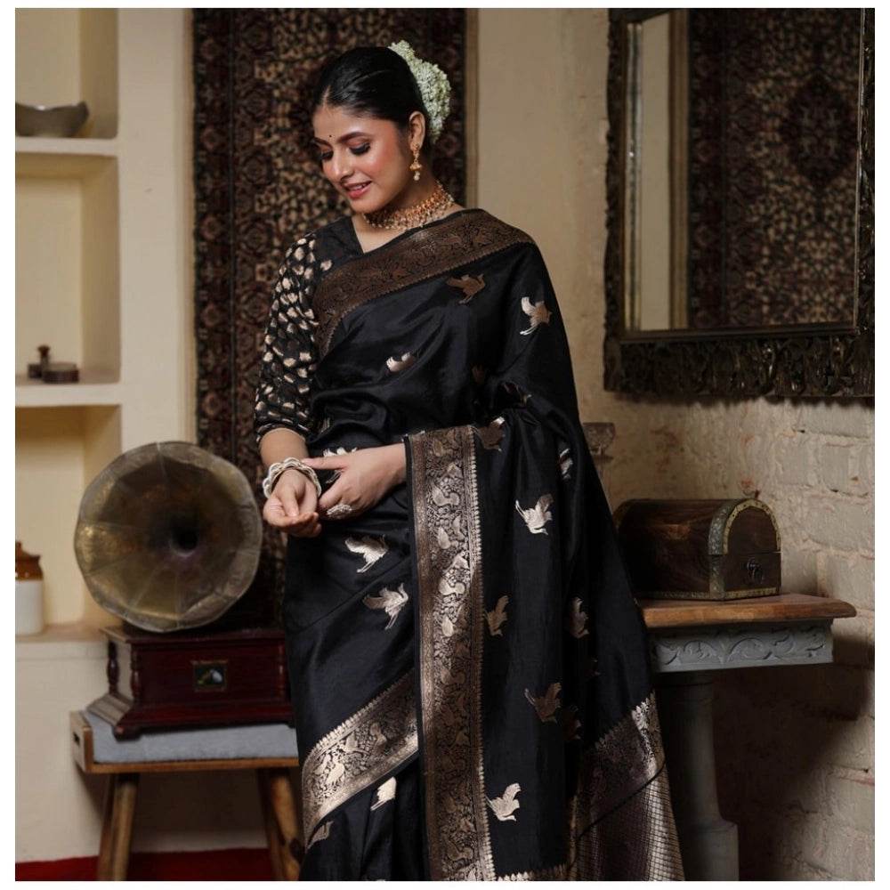 Generic Women's Silk Printed Saree With Unstitched Blouse 5.5Mtr (Black) - MYLUXURY LANE ENTERPRISE