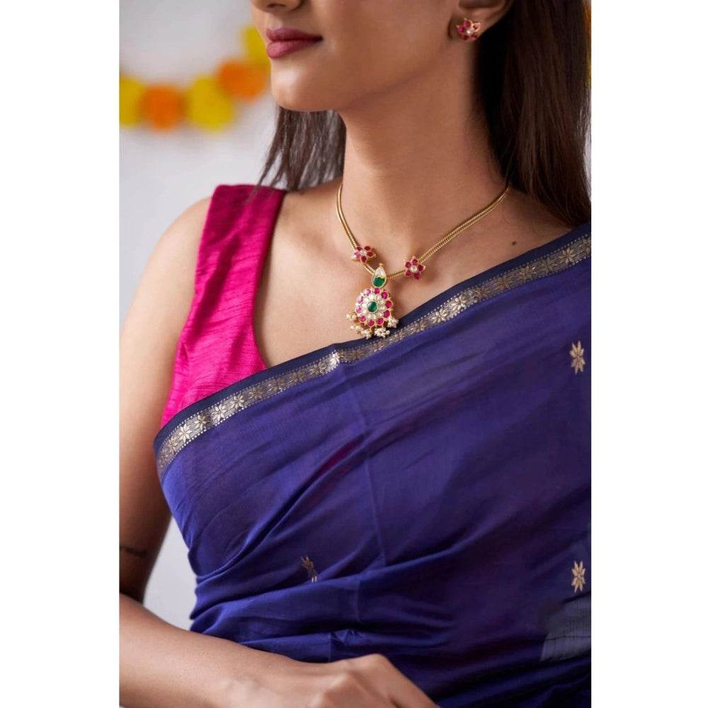 Generic Women's Cotton Printed Saree With Unstitched Blouse 5.5Mtr (Blue) - MYLUXURY LANE ENTERPRISE