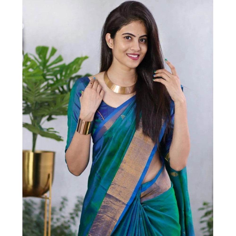 Generic Women's Silk Printed Saree With Unstitched Blouse 5.5Mtr (Blue) - MYLUXURY LANE ENTERPRISE