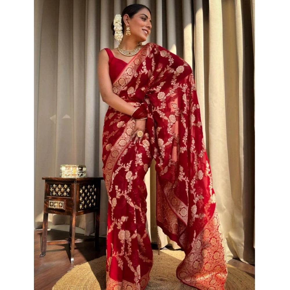 Generic Women's Silk Printed Saree With Unstitched Blouse 5.5Mtr (Red) - MYLUXURY LANE ENTERPRISE