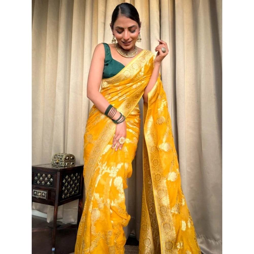 Generic Women's Silk Printed Saree With Unstitched Blouse 5.5Mtr (Gold Yellow) - MYLUXURY LANE ENTERPRISE