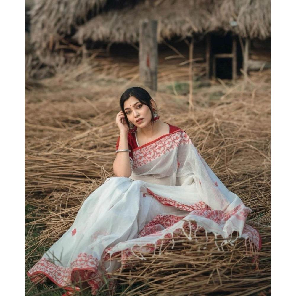 Generic Women's Cotton Printed Saree With Unstitched Blouse 5.5Mtr (White-Red) - MYLUXURY LANE ENTERPRISE