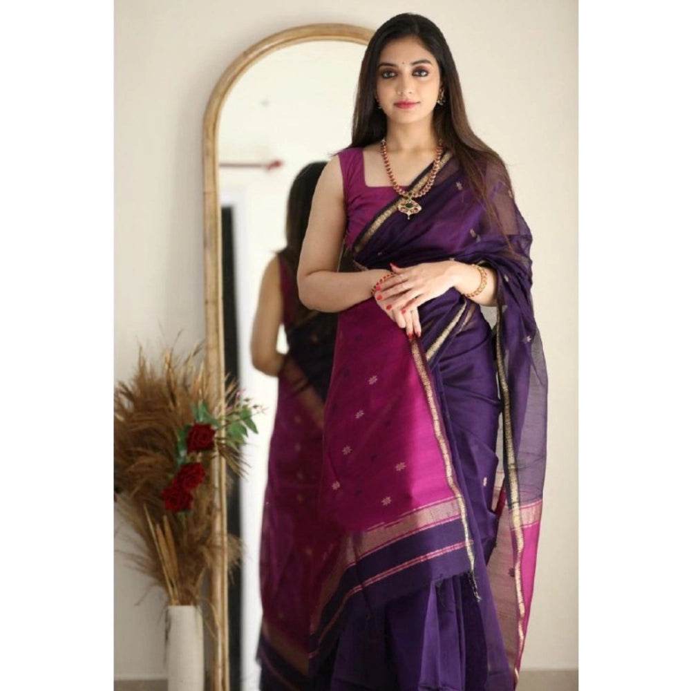 Generic Women's Cotton Printed Saree With Unstitched Blouse 5.5Mtr (Navy Blue) - MYLUXURY LANE ENTERPRISE