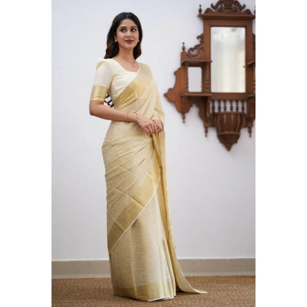 Generic Women's Silk Printed Saree With Unstitched Blouse 5.5Mtr (Cream) - MYLUXURY LANE ENTERPRISE