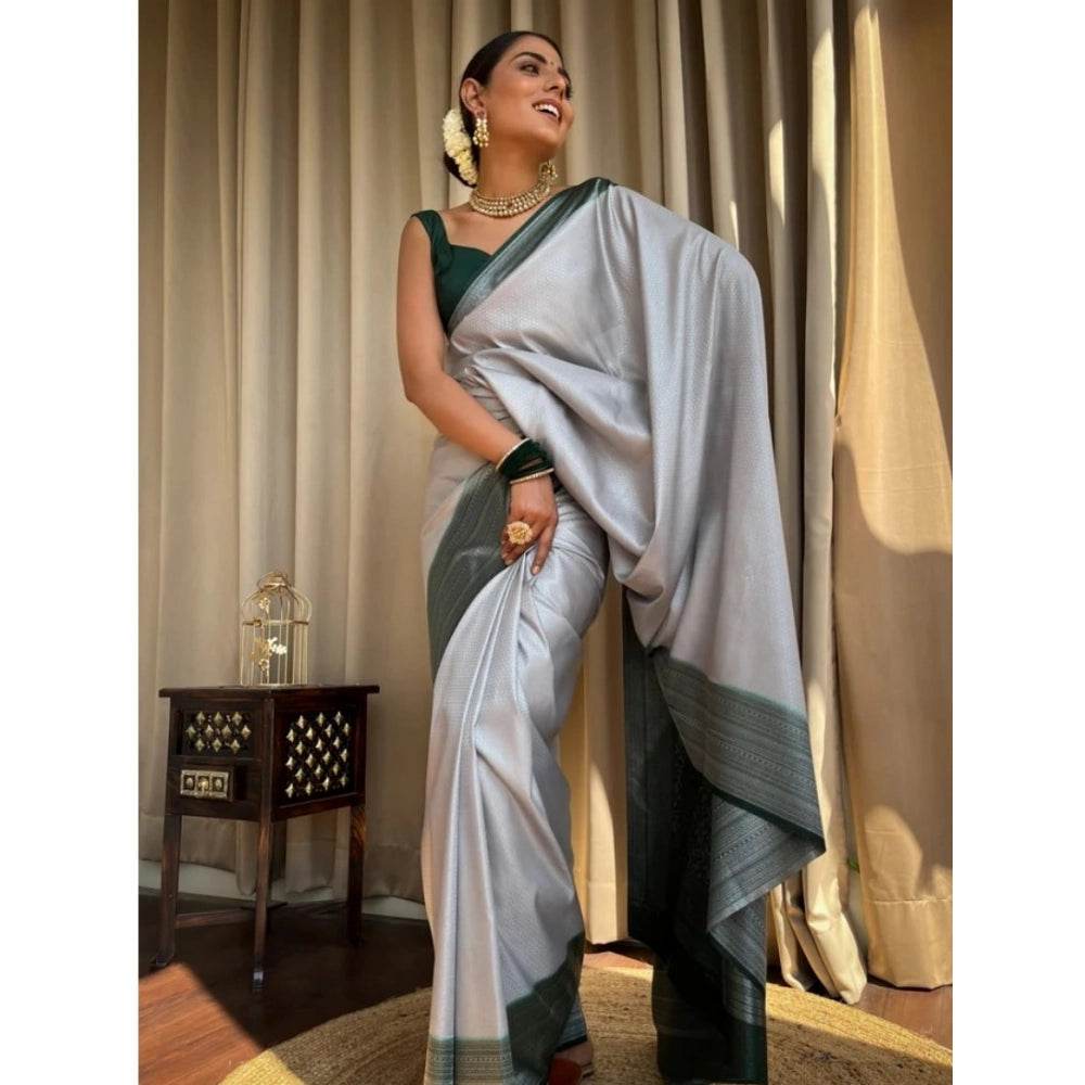Generic Women's Silk Printed Saree With Unstitched Blouse 5.5Mtr (Grey) - MYLUXURY LANE ENTERPRISE
