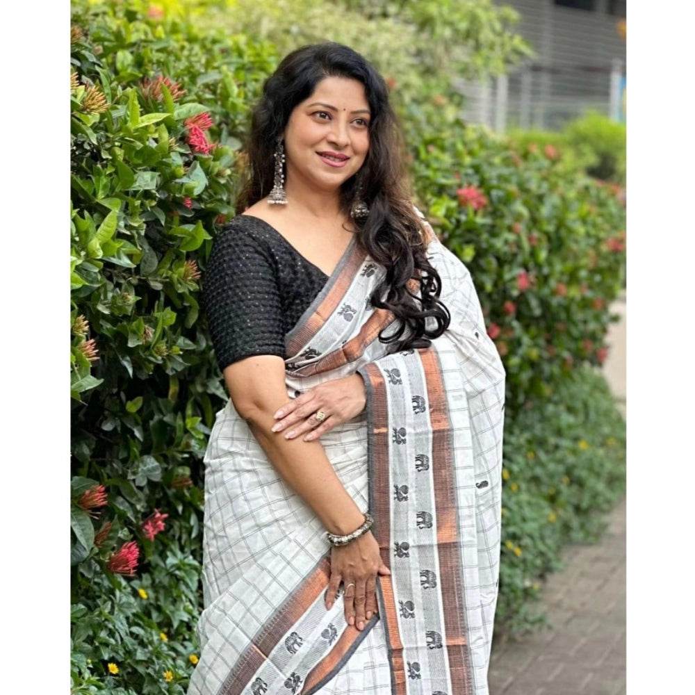 Generic Women's Silk Printed Saree With Unstitched Blouse 5.5Mtr (Off White) - MYLUXURY LANE ENTERPRISE