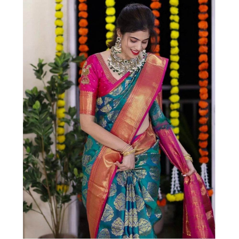 Generic Women's Silk Printed Saree With Unstitched Blouse 5.5Mtr (Teal Blue) - MYLUXURY LANE ENTERPRISE