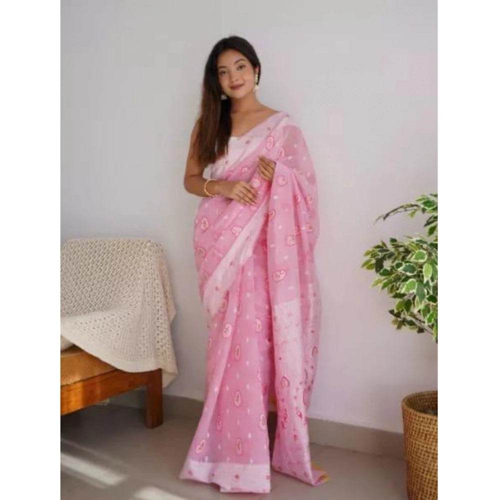 Generic Women's Cotton Printed Saree With Unstitched Blouse 5.5Mtr (Pink) - MYLUXURY LANE ENTERPRISE