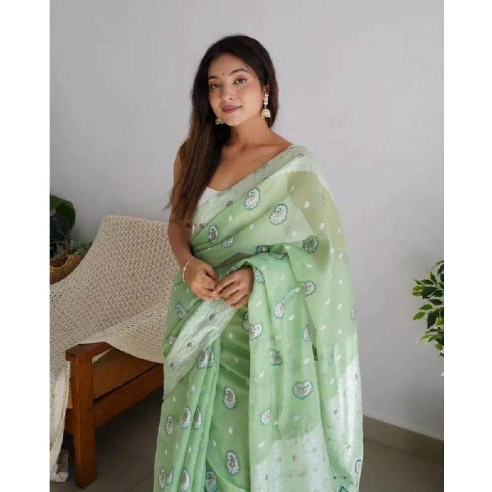 Generic Women's Cotton Printed Saree With Unstitched Blouse 5.5Mtr (Pista) - MYLUXURY LANE ENTERPRISE