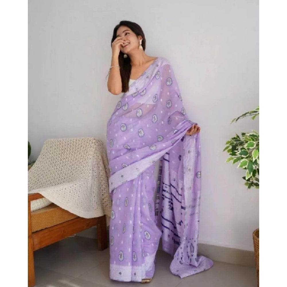 Generic Women's Cotton Printed Saree With Unstitched Blouse 5.5Mtr (Lavender) - MYLUXURY LANE ENTERPRISE