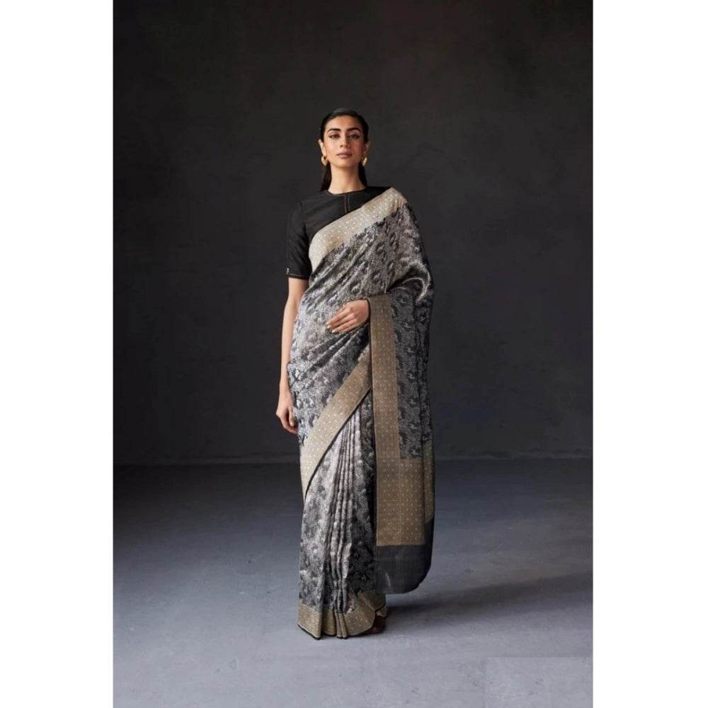 Generic Women's Silk Printed Saree With Unstitched Blouse 5.5Mtr (Grey) - MYLUXURY LANE ENTERPRISE