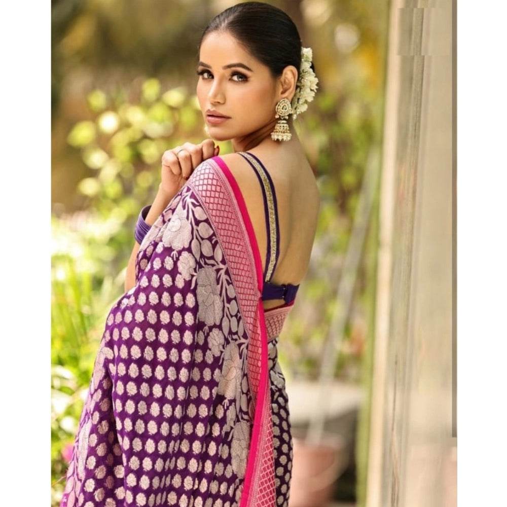 Generic Women's Silk Printed Saree With Unstitched Blouse 5.5Mtr (Purple) - MYLUXURY LANE ENTERPRISE