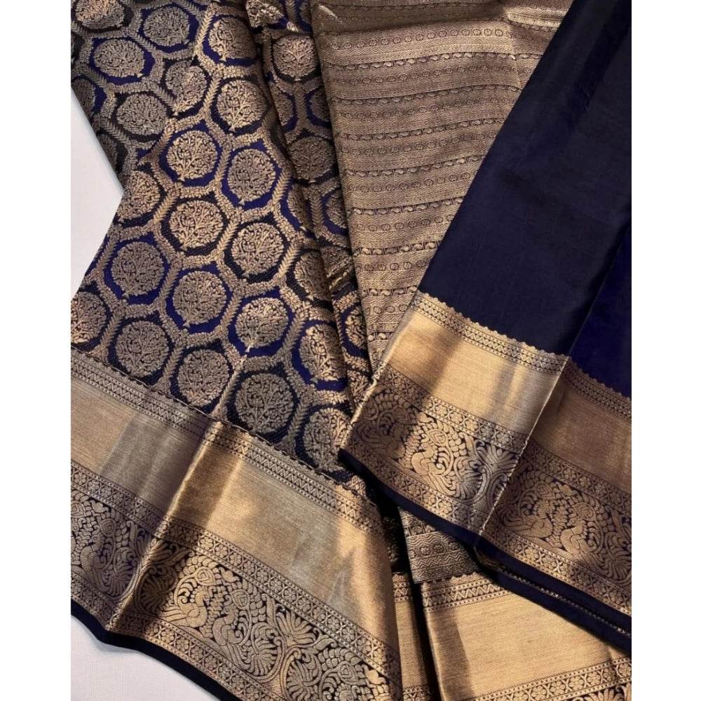 Generic Women's Silk Printed Saree With Unstitched Blouse 5.5Mtr (Navy Blue) - MYLUXURY LANE ENTERPRISE