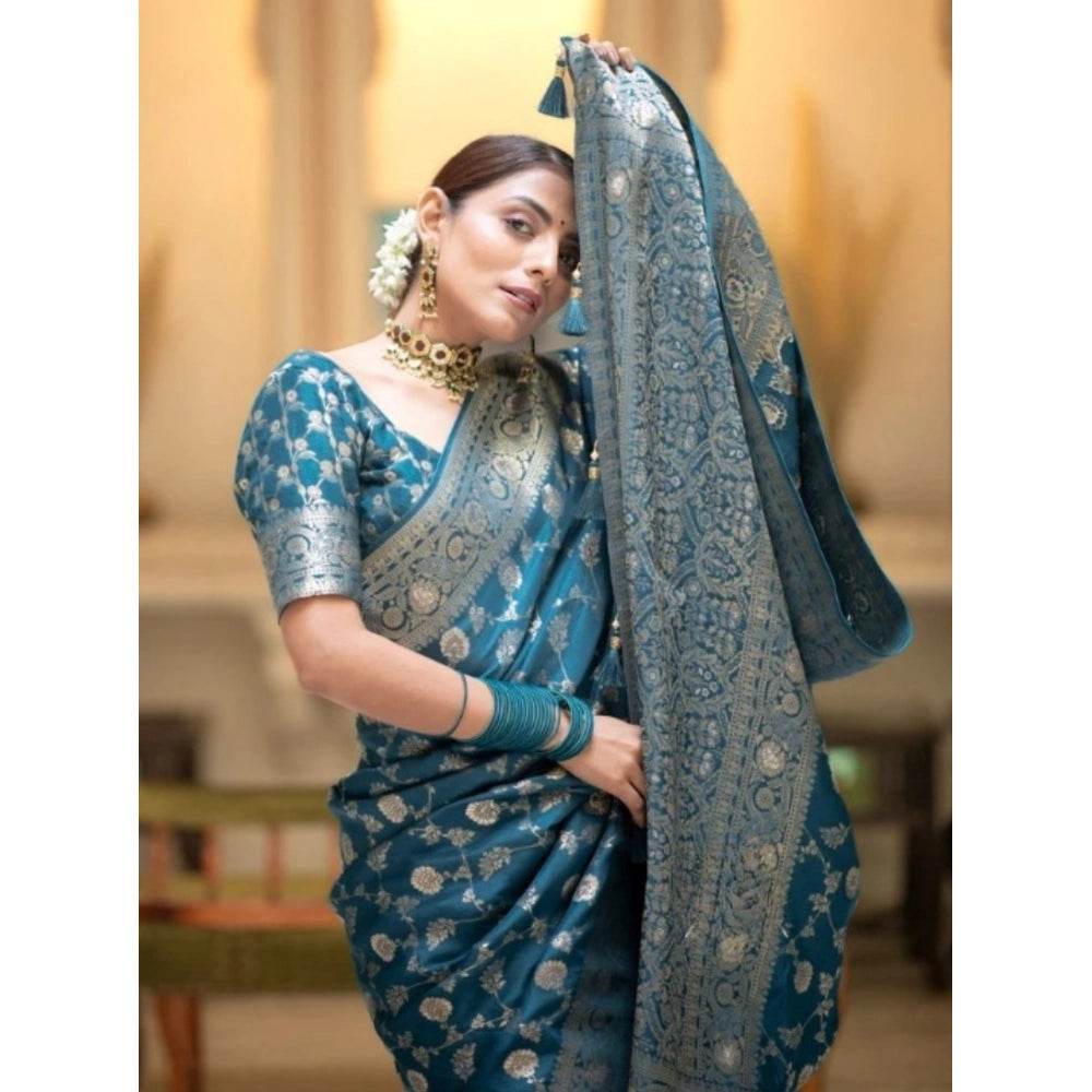 Generic Women's Silk Printed Saree With Unstitched Blouse 5.5Mtr (Rama) - MYLUXURY LANE ENTERPRISE