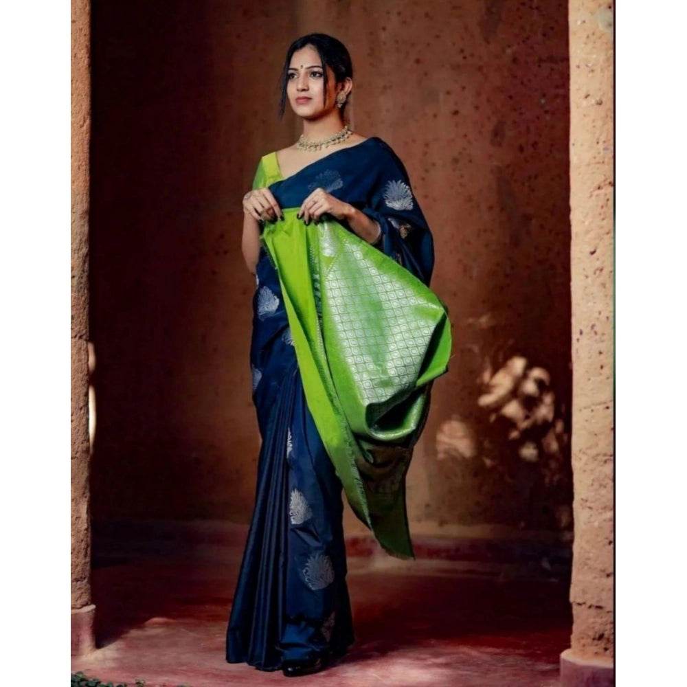 Generic Women's Silk Printed Saree With Unstitched Blouse 5.5Mtr (Navy Blue) - MYLUXURY LANE ENTERPRISE