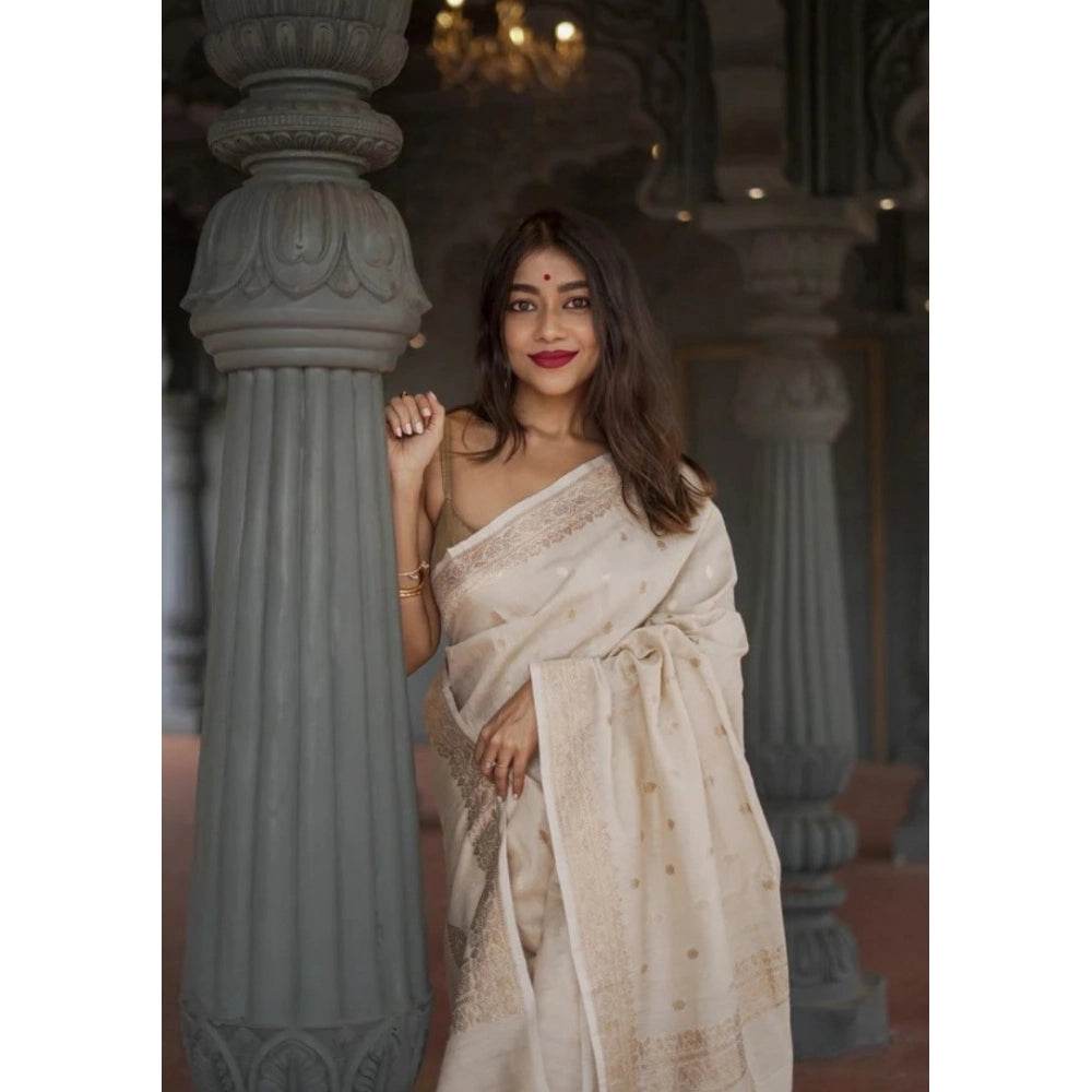 Generic Women's Cotton Printed Saree With Unstitched Blouse 5.5Mtr (Cream) - MYLUXURY LANE ENTERPRISE