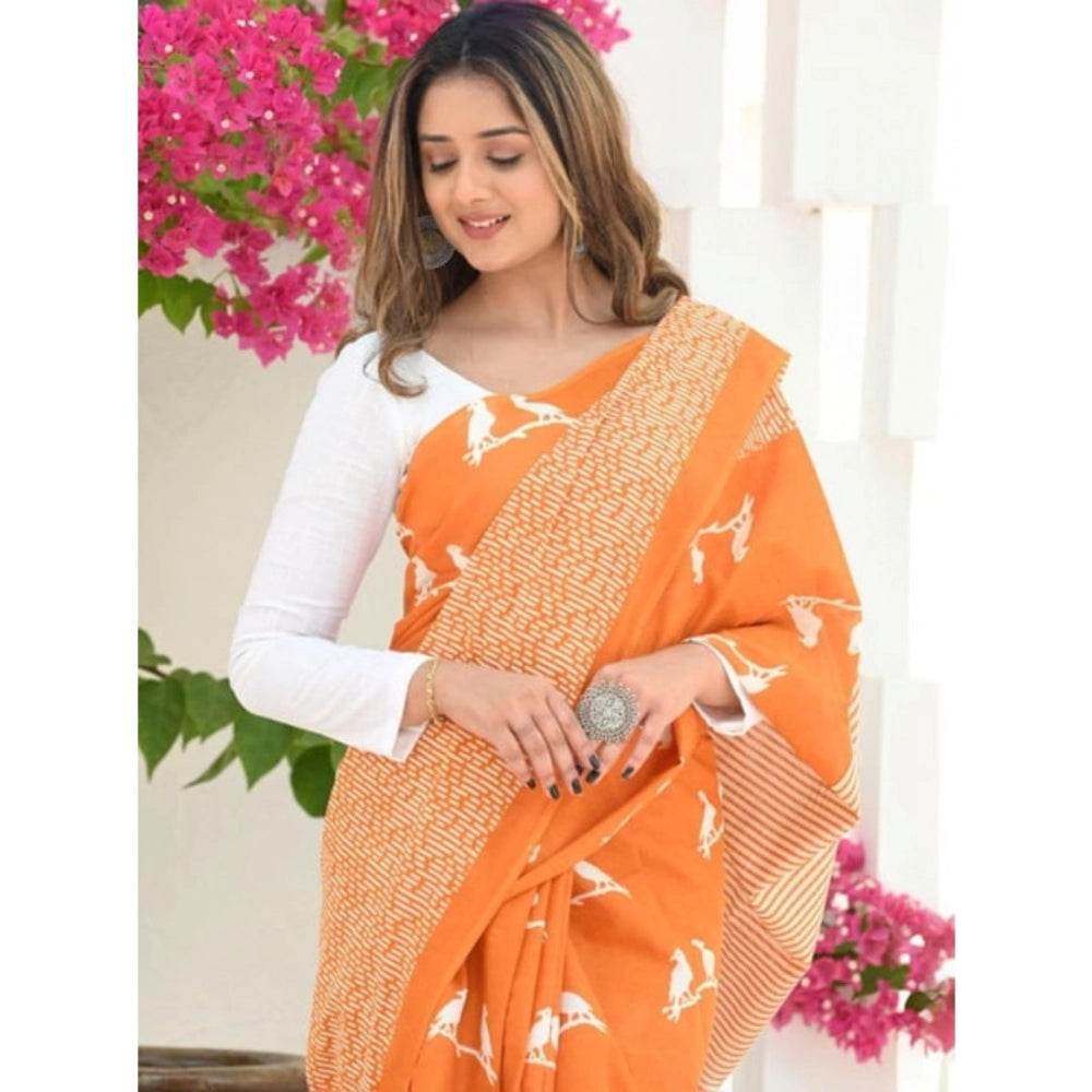 Generic Women's Silk Printed Saree With Unstitched Blouse 5.5Mtr (Orange) - MYLUXURY LANE ENTERPRISE