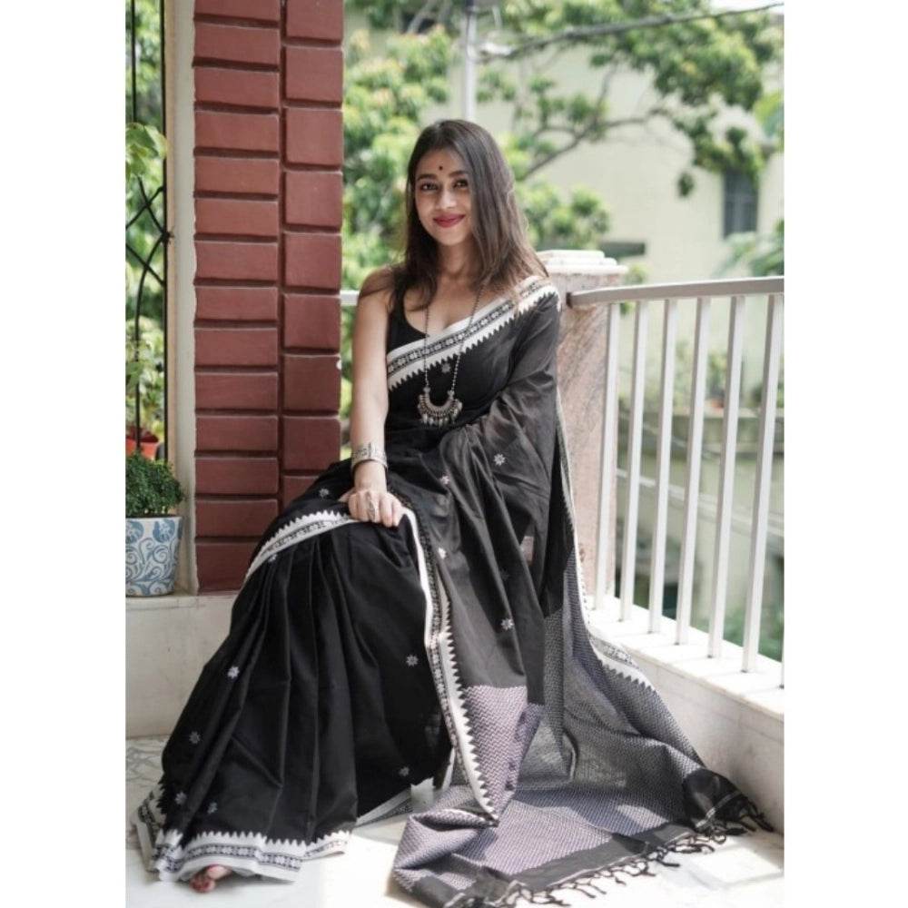 Generic Women's Cotton Printed Saree With Unstitched Blouse 5.5Mtr (Black) - MYLUXURY LANE ENTERPRISE