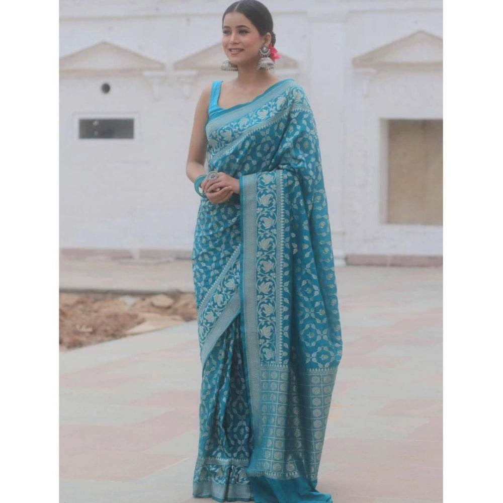 Generic Women's Silk Printed Saree With Unstitched Blouse 5.5Mtr (Sky Blue) - MYLUXURY LANE ENTERPRISE